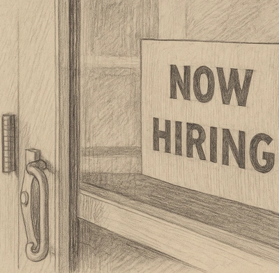 A pencil sketch shows a storefront door slightly ajar, revealing a sign posted on the inside of the glass that reads 'NOW HIRING' in bold letters. The door features a classic handle and a push bar, while empty shelves or display areas are faintly visible in the background, giving the scene a quiet, waiting atmosphere.