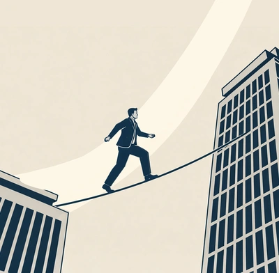 Tight rope walker signifying a precarious rising market